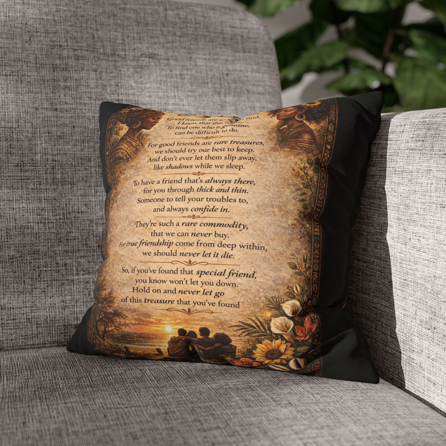 Spun Polyester Square Pillowcase - Friends (Black)