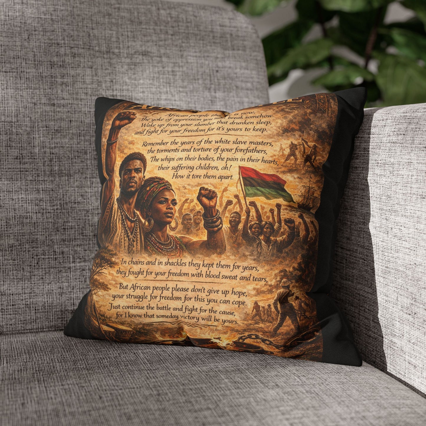 Spun Polyester Square Pillowcase - African People (Black)