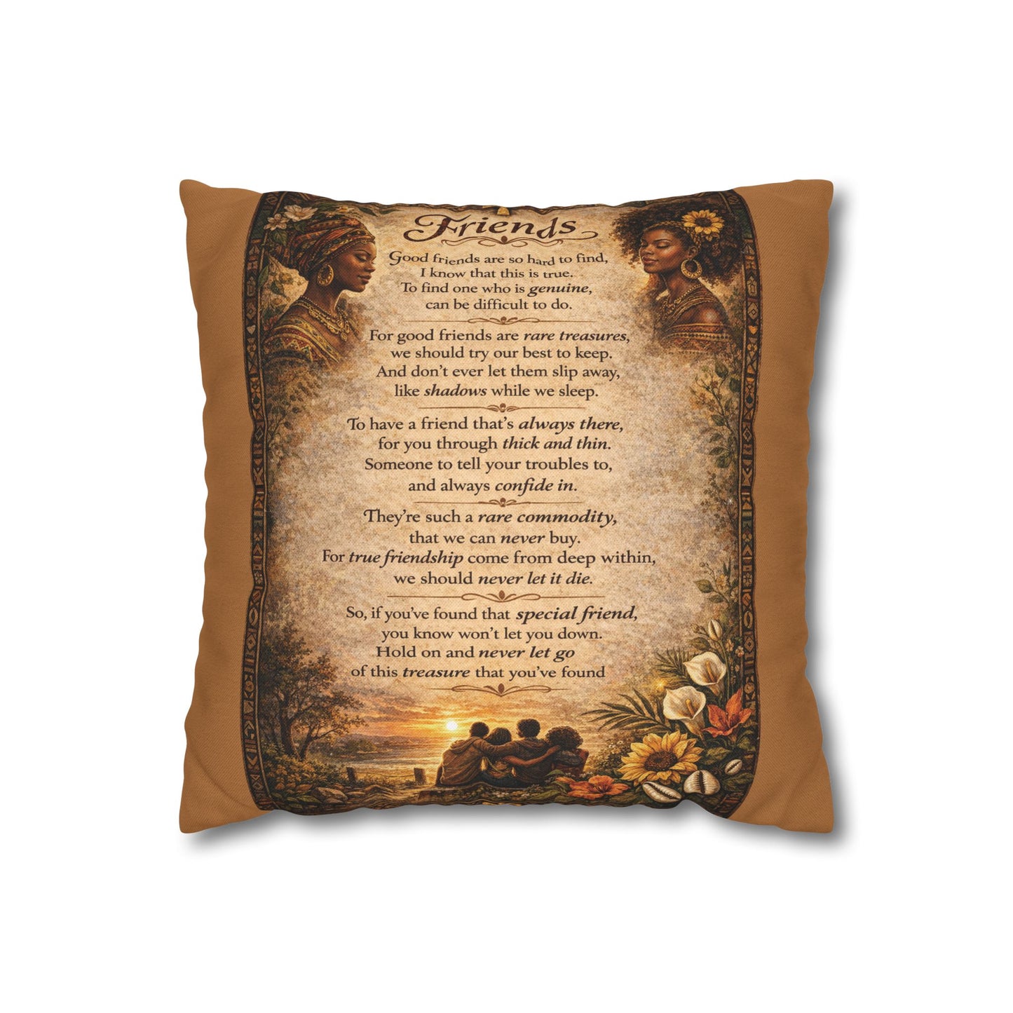 Spun Polyester Square Pillowcase - Friends (Light Brown)
