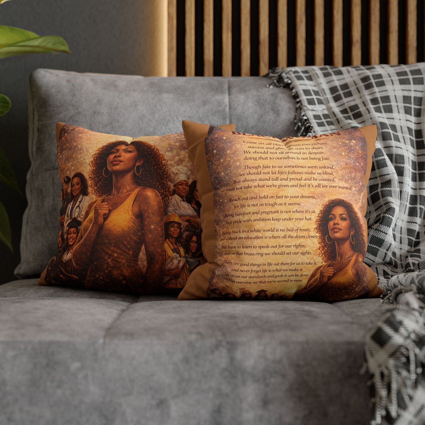 Spun Polyester Square Pillowcase - Black Woman (Light Brown)