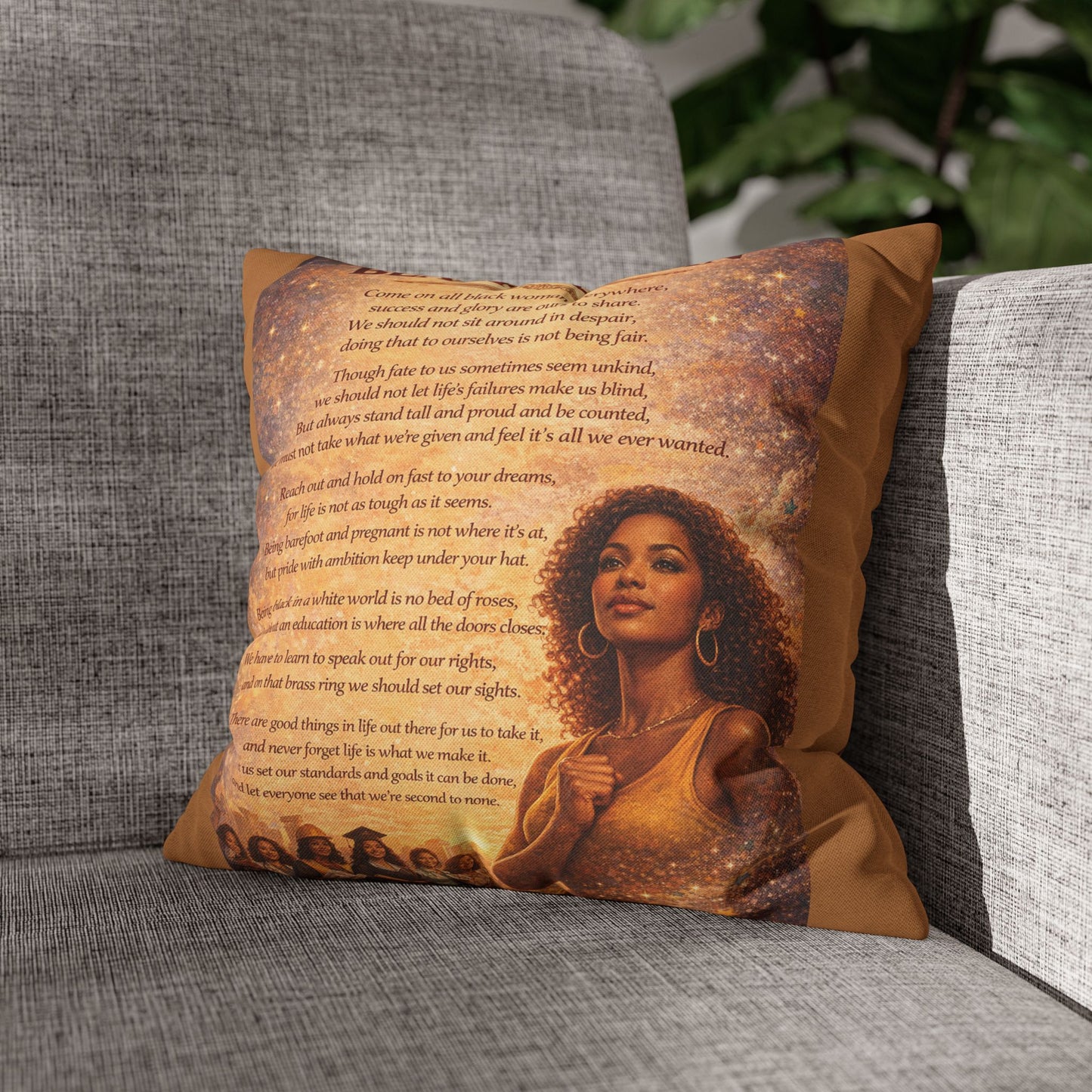 Spun Polyester Square Pillowcase - Black Woman (Light Brown)