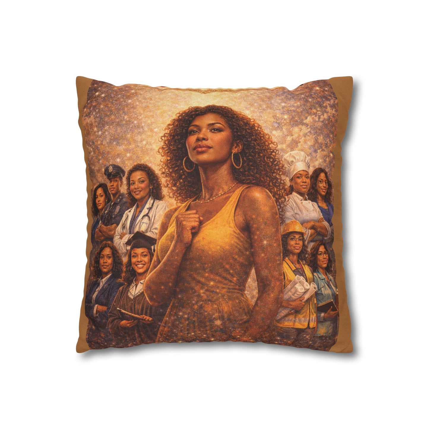 Spun Polyester Square Pillowcase - Black Woman (Light Brown)