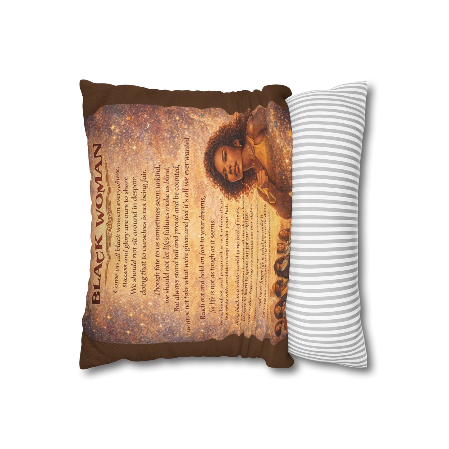 Spun Polyester Square Pillowcase - Black Woman (Brown)