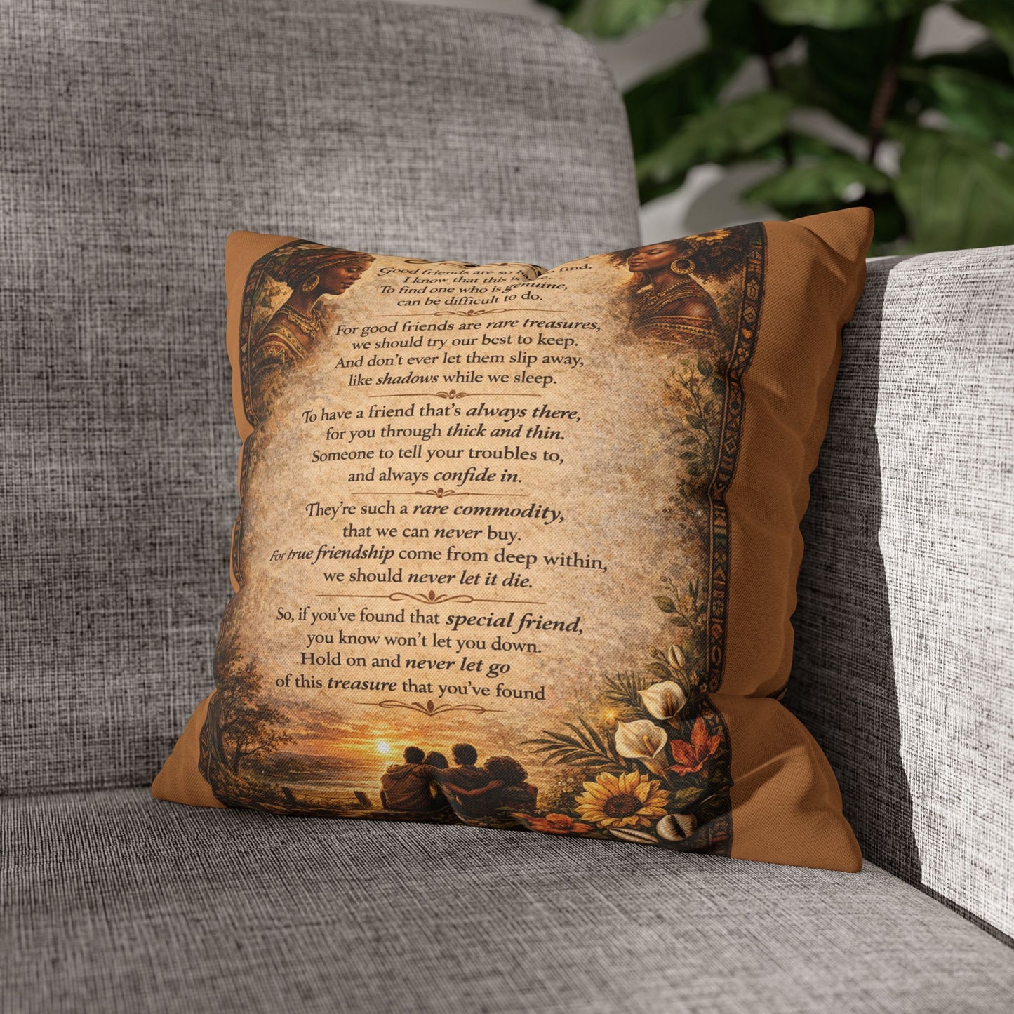 Spun Polyester Square Pillowcase - Friends (Light Brown)
