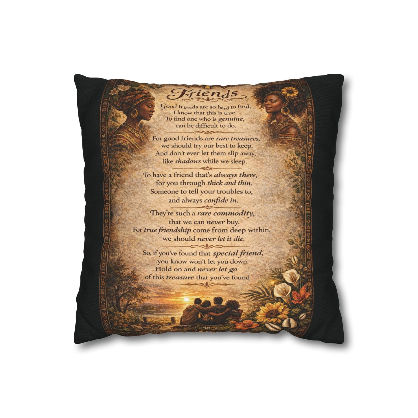 Spun Polyester Square Pillowcase - Friends (Black)