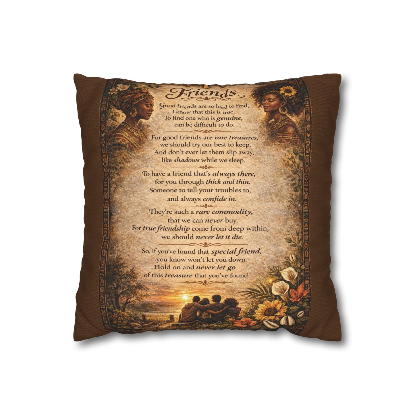 Spun Polyester Square Pillowcase - Friends (Brown)