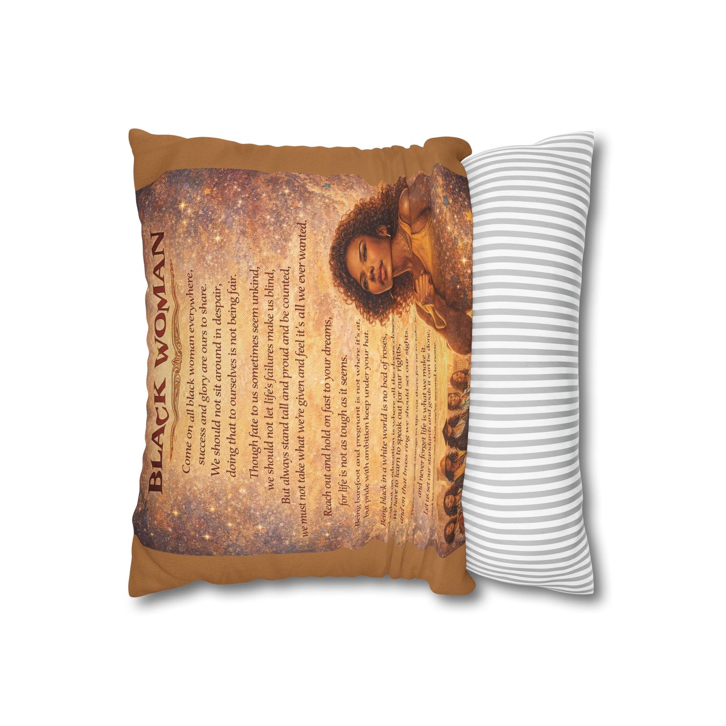 Spun Polyester Square Pillowcase - Black Woman (Light Brown)