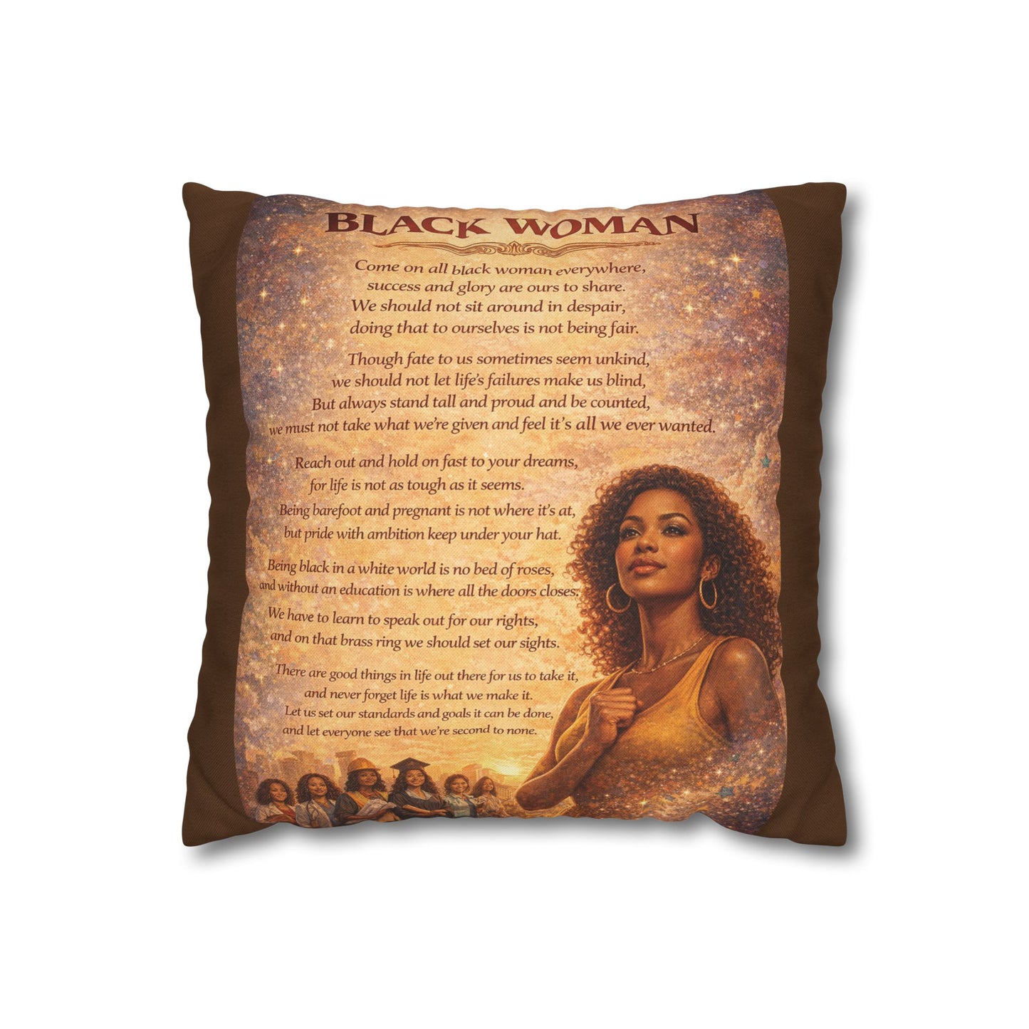 Spun Polyester Square Pillowcase - Black Woman (Brown)