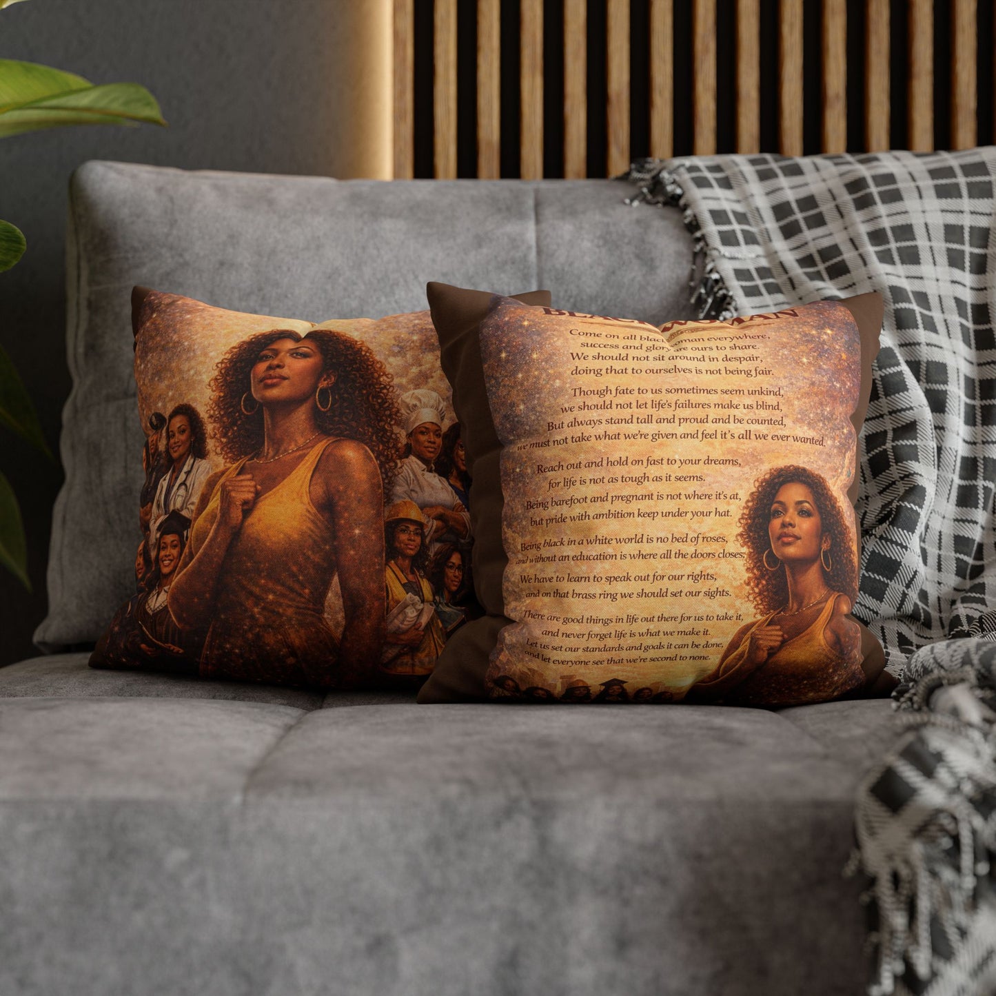 Spun Polyester Square Pillowcase - Black Woman (Brown)